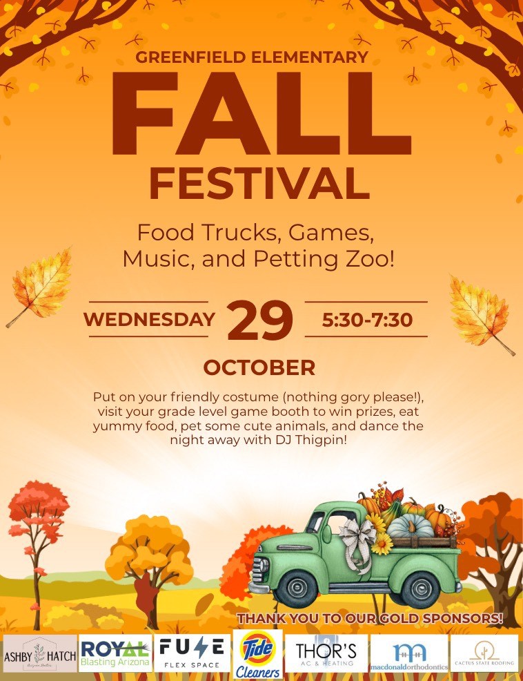 Fall Festival - Food trucks, games, music, and petting zoo! Wednesday October 29, 5:30pm - 7:30pm. Put on your friendly costume (nothing gory please!), visit your grade level game booth to win prizes, eat yummy food, pet some cute animals, and dance the night away with DJ Thigpin!